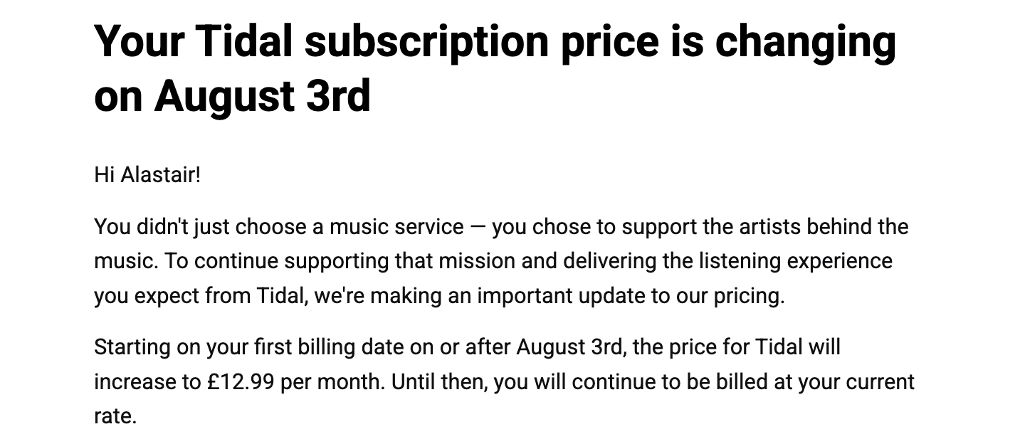 Screen shot of an e-mail from Tidal informing the user about a price hike
