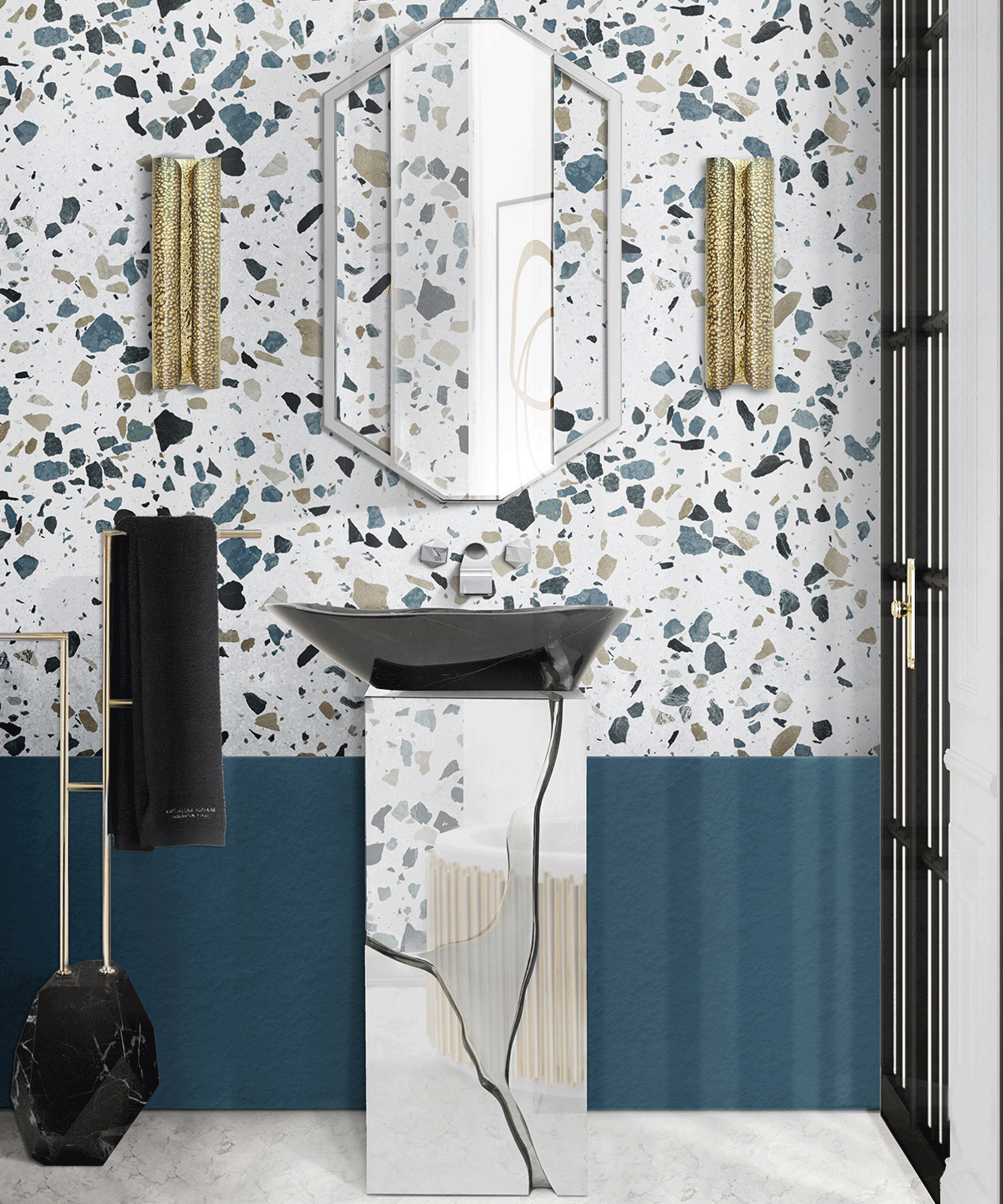 Luxury bathroom with Terrazzo wall with octagonal mirror, black sink basin gold wall lights and gold towel rack
