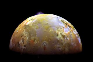 Two sulfurous eruptions are visible on Jupiter's volcanic moon Io.