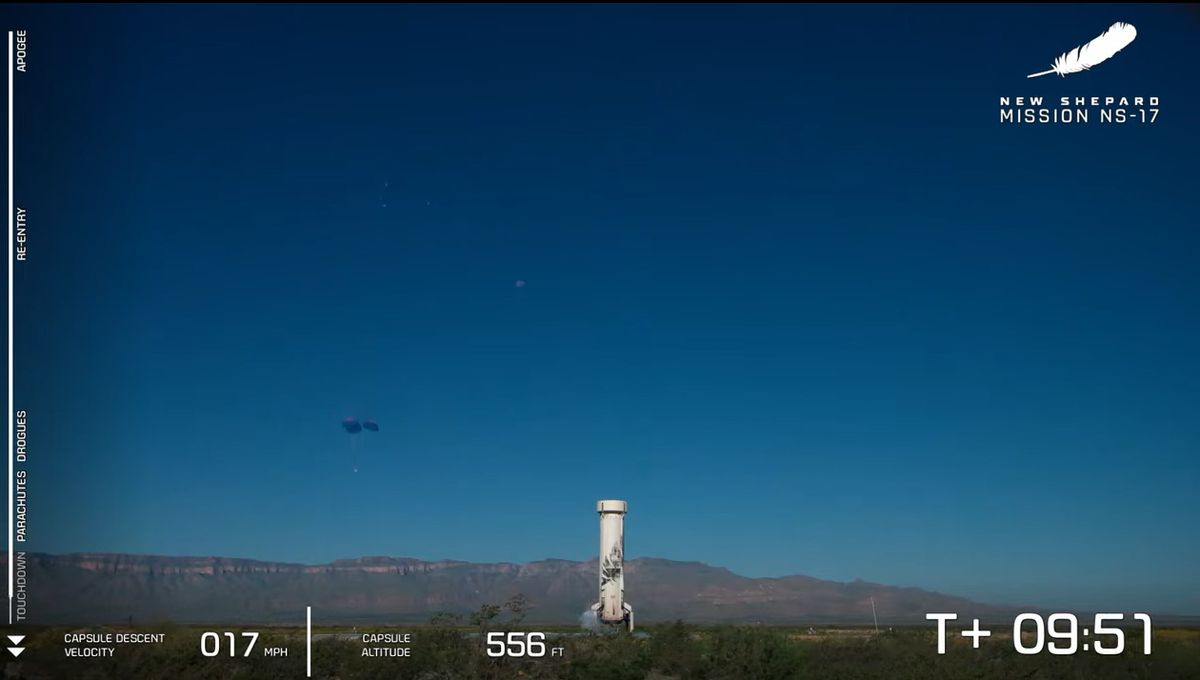 Blue Origin's New Shepard rocket and capsule, the RSS H.G. Wells, launches on the NS-17 suborbital spaceflight from West Texas on Aug. 26, 2021.