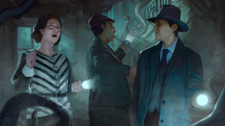 A group of investigators in a spooky house from the Call of Cthulhu tabletop RPG.