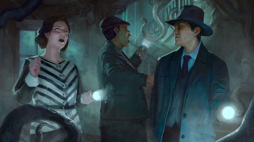 A group of investigators in a spooky house from the Call of Cthulhu tabletop RPG.