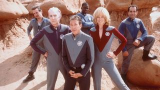 Sam Rockwell, Alan Rickman, Tim Allen, Daryl Mitchell, Sigourney Weaver and Tony Shalhoub (L-R) in costume in Galaxy Quest