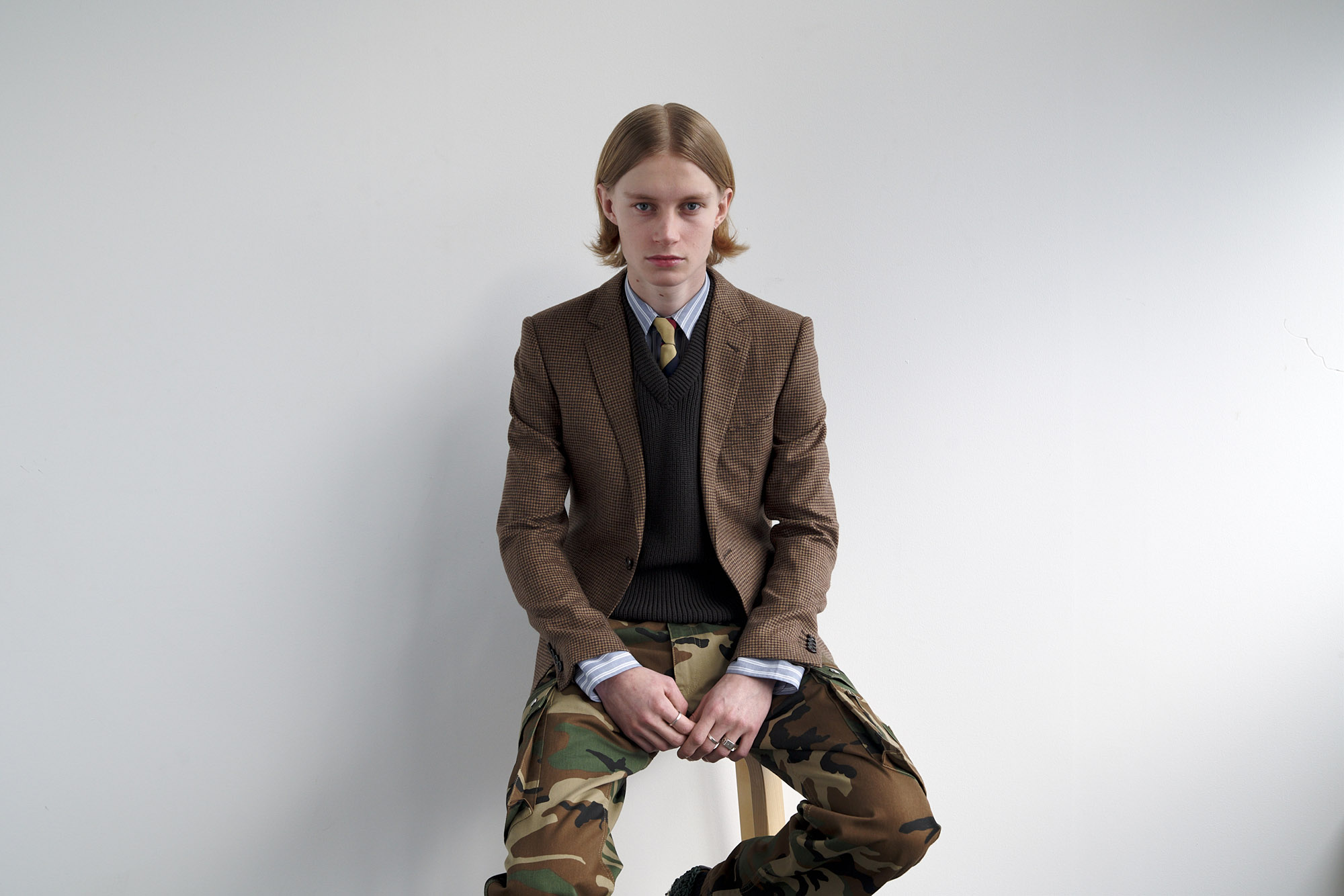 Utilitarian and Workwear-inspired S/S 2024 Men’s Fashion photographed against white wall
