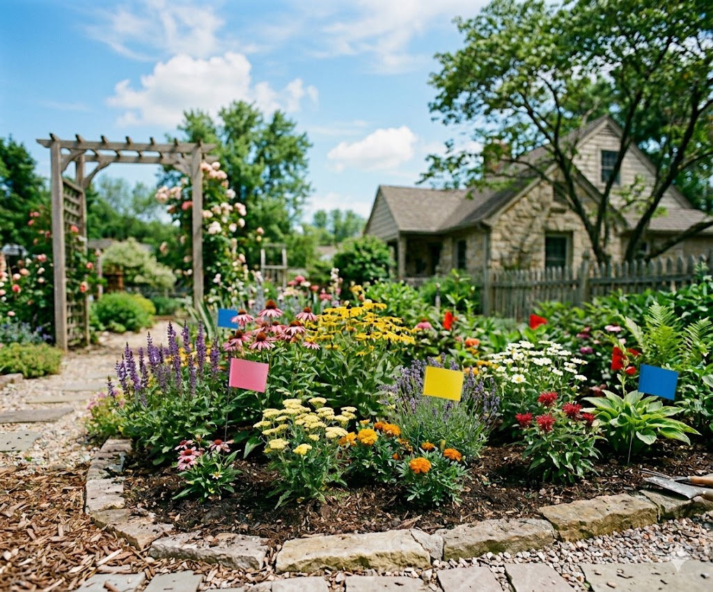 Colorful flags in a flower bed