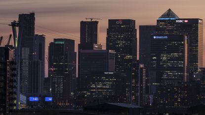 Skyline of the Canary Wharf financial district in London 