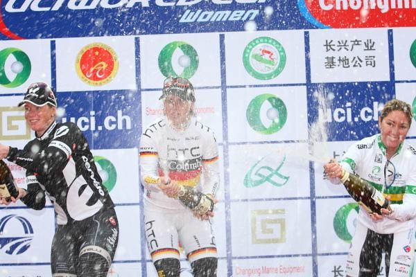 Ina Yoko Teutenberg (HTC - Columbia Women) on the podium for the World Cup with Kirsten Wild (Cervelo TestTeam) lets rip with the champagne on the podium
