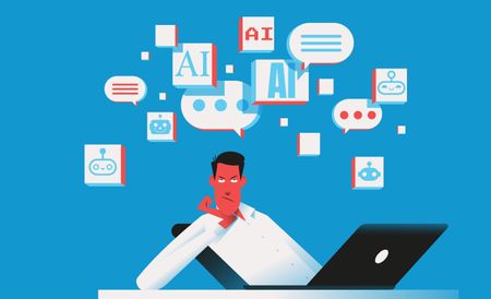 Man tired from AI and chatbots. AI fatigue concept. 