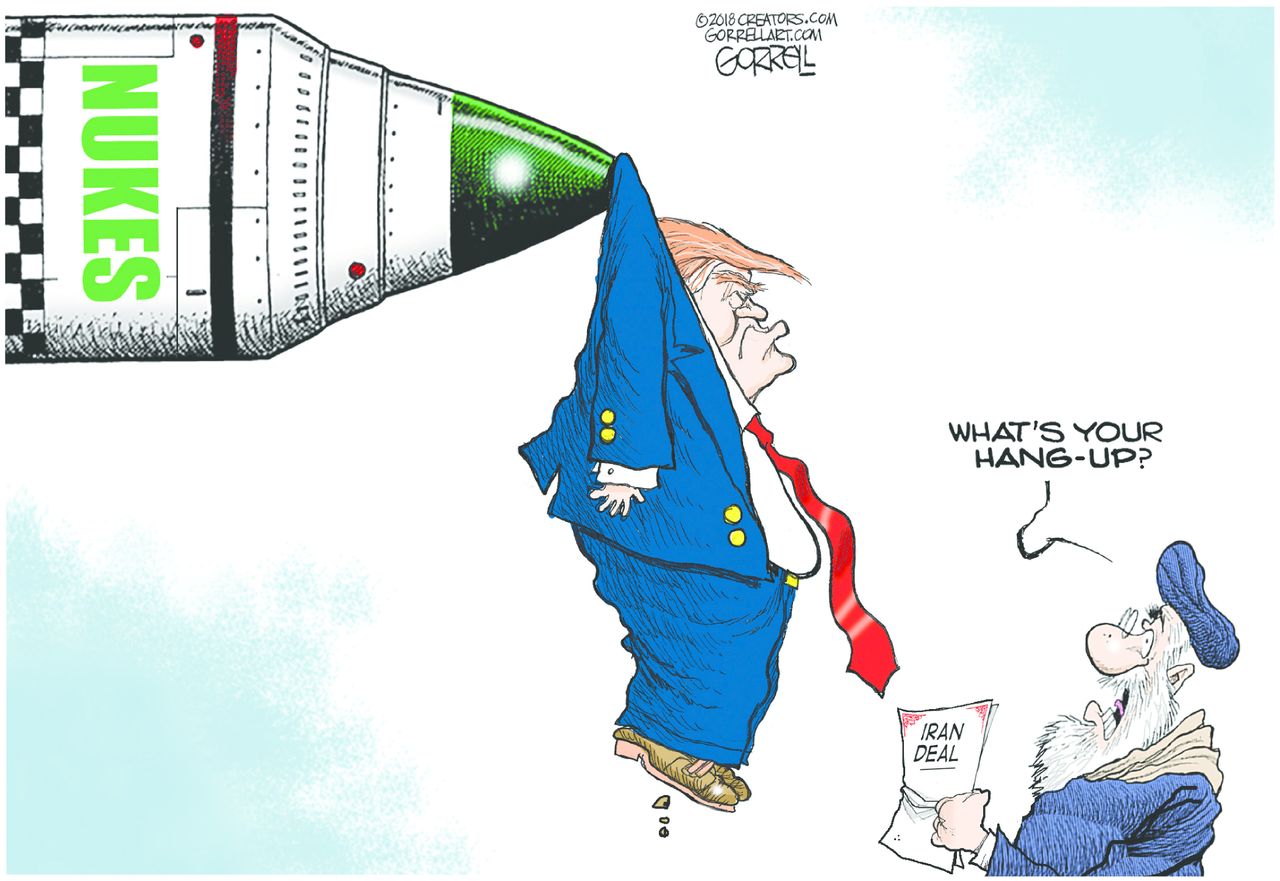 Political cartoon U.S. Trump Iran nuclear deal missiles