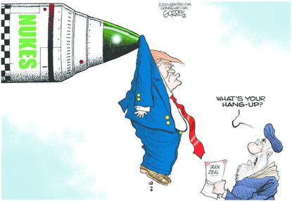 Political cartoon U.S. Trump Iran nuclear deal missiles