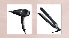 Collage of ghd Air Hair Dryer and ghd Platinum+ Straighteners on pink background