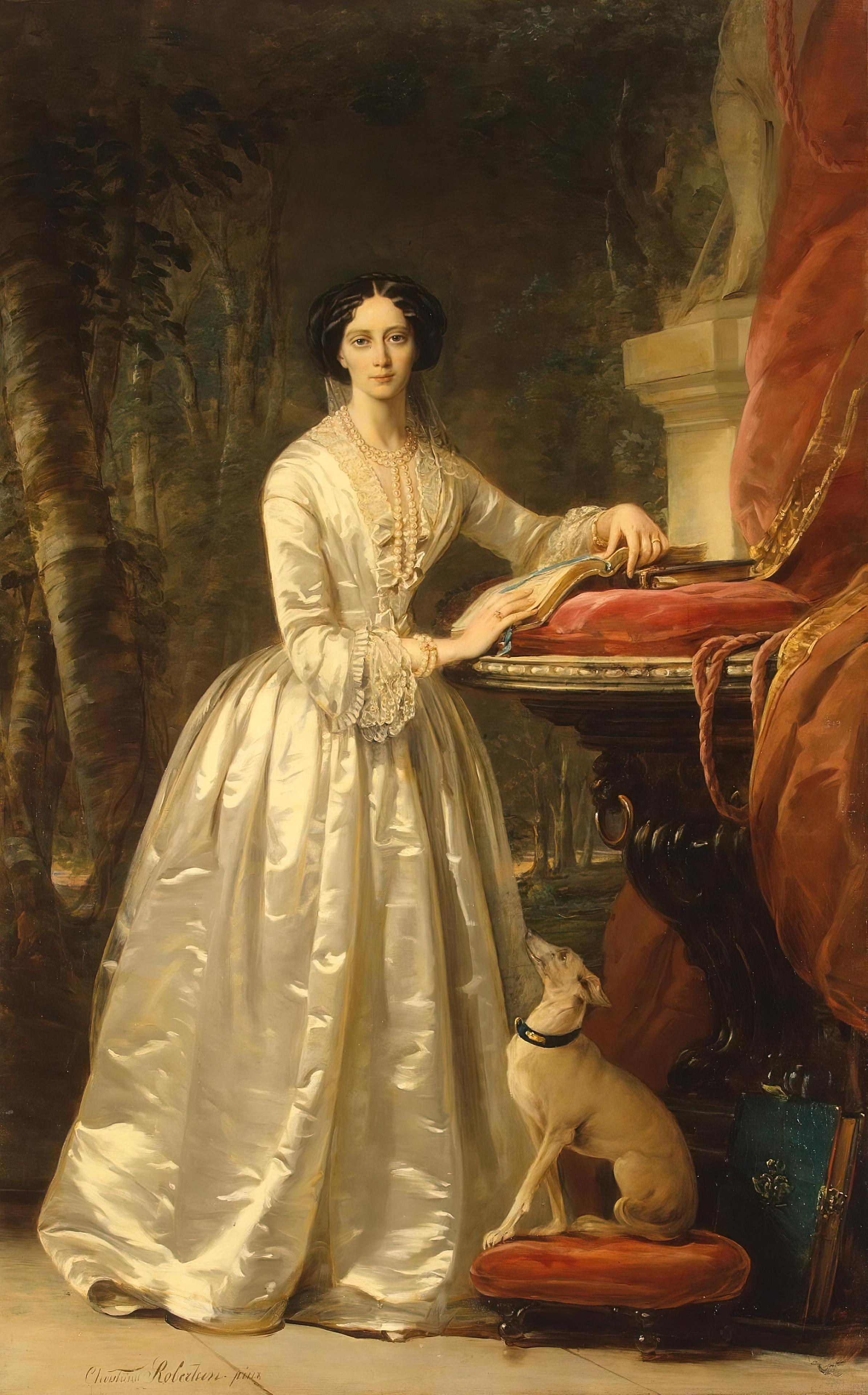 Portrait of Grand Duchess Maria Alexandrovna in a white satin gown, standing beside a table with books, with a small Italian greyhound seated at her feet looking up at her.