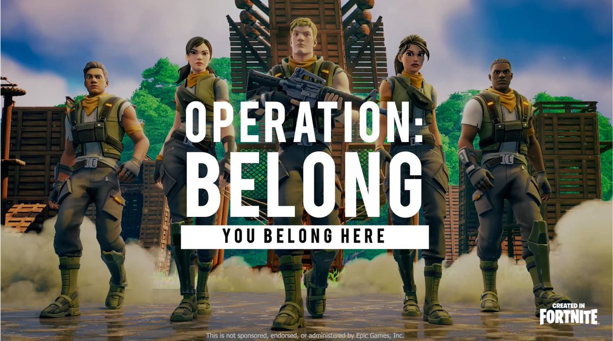 Still from British Army&#039;s Fortnite map teaser - five armed Fortnite people walking toward the camera behind the words Operation Belong: You Belong Here