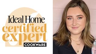 Yellow certified expert cookware logo with headshot of Molly Cleary next to it