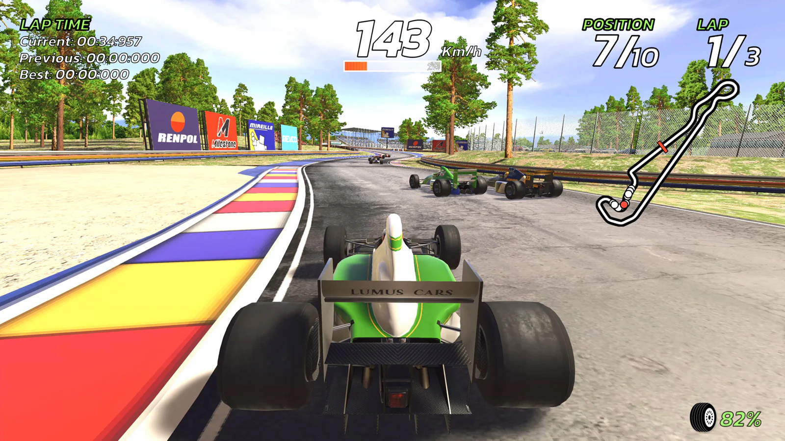 Retro racing game 4PGP, colourful low-poly game screens