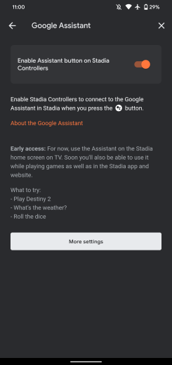 Google Assistant settings in Stadia