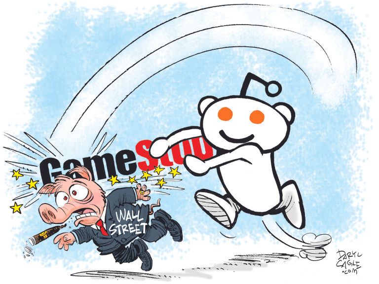 Editorial Cartoon U.S. Gamestop reddit wall street