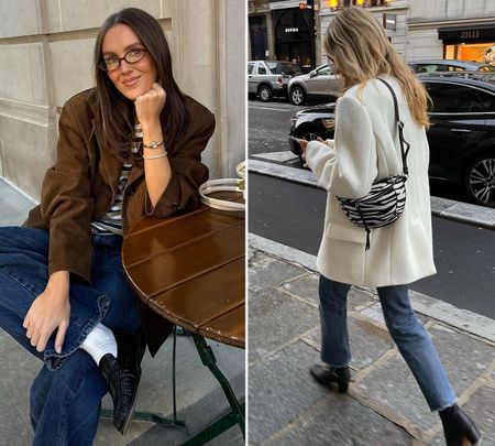 style influencers Emma Leger and Anne Laure-Mais wearing chic European-inspired outfits with jeans and jackets