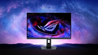 A promotional image for the Asus ROG Strix 5K XG27JCG gaming monitor.