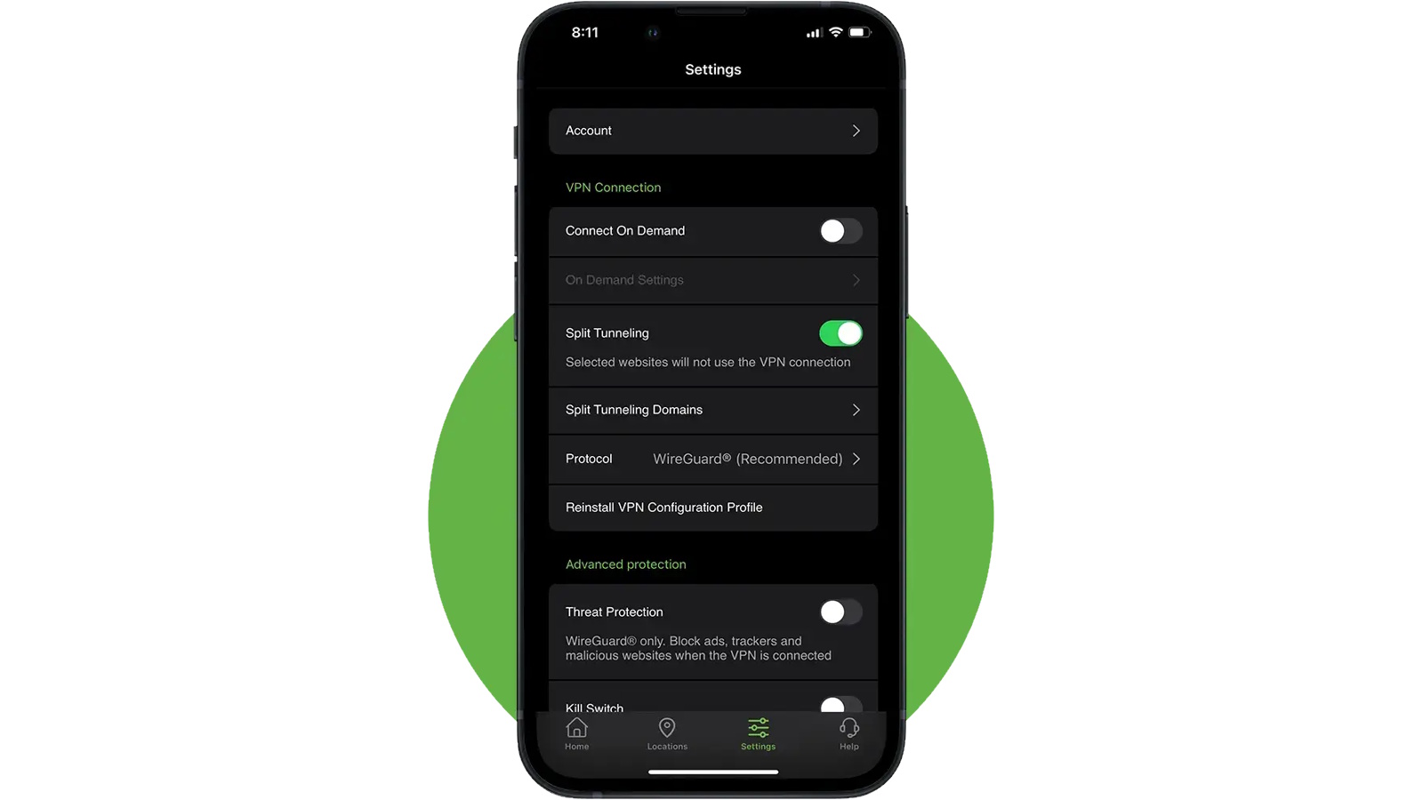 IPVanish's stettings menu on a smartphone with the 'Split Tunneling' feature toggled on.