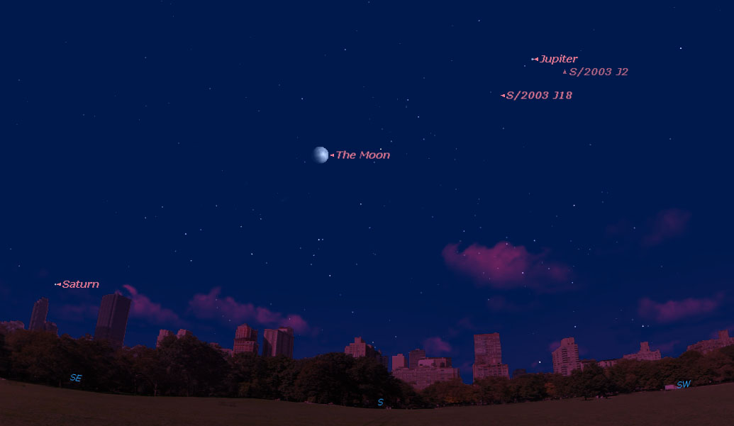 This sky map shows the location of Saturn and the moon on June 18, 2016 as seen at 9 p.m. local time from mid-northern latitudes.