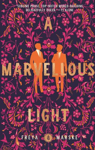 a marvellous light book cover with two men in suits against a floral design backdrop