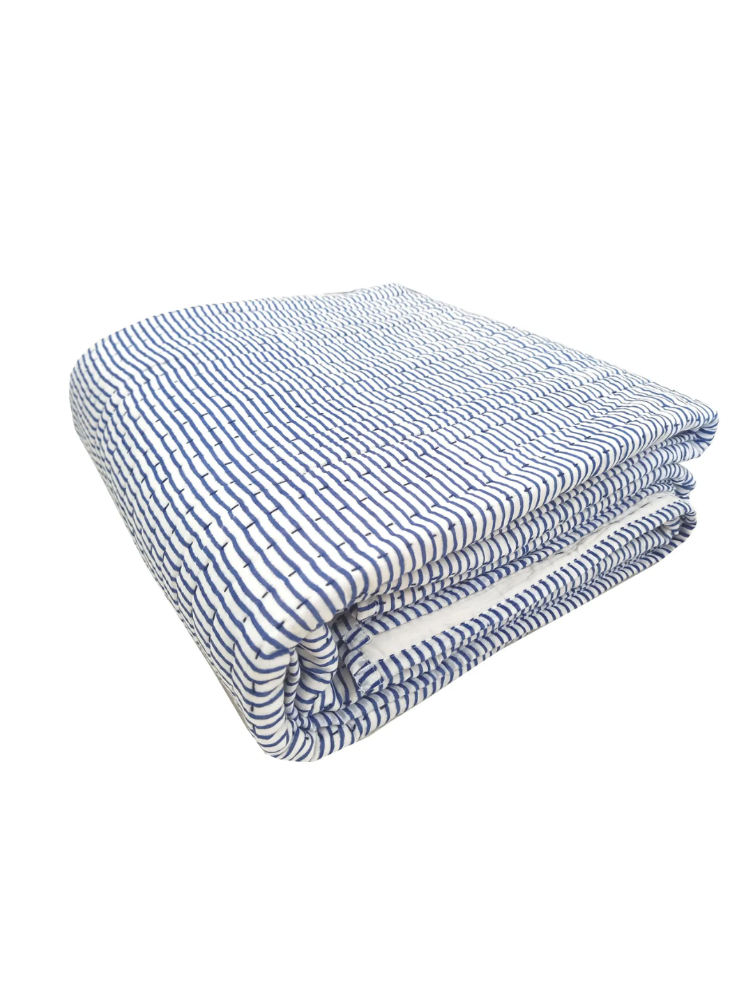 Reversible Blue Stripe Block Print Cotton Kantha Quilt