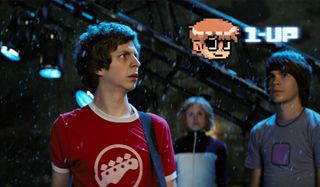 Scott Pilgrim vs The World Scott stares at the one-up in the air