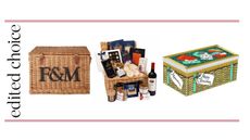 Best Christmas hampers graphic – with Fortnum and mason basket, House of Bauer hamper and Biscuiteers hamper tin