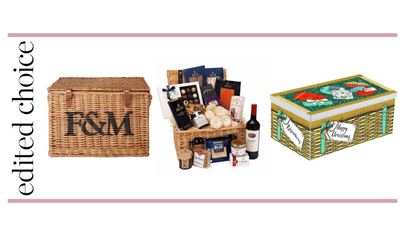 Best Christmas hampers graphic – with Fortnum and mason basket, House of Bauer hamper and Biscuiteers hamper tin
