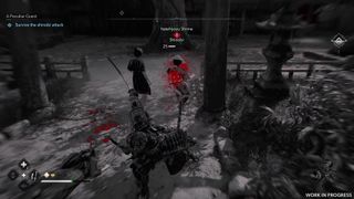 Blood sprays as Yasuke uses a samurai sword weapon skill in Assassin's Creed Shadows