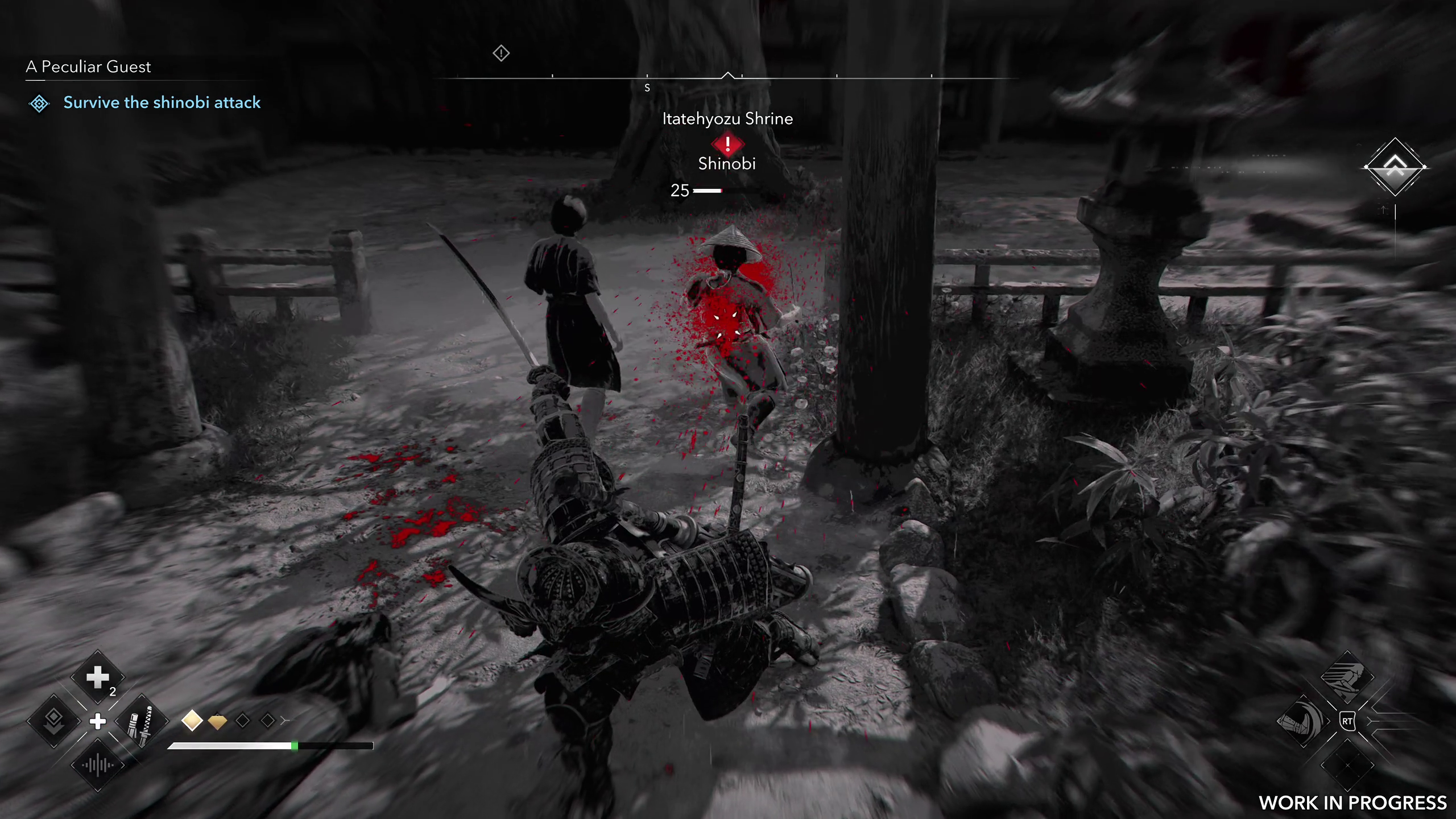 Blood sprays as Yasuke uses a samurai sword weapon skill in Assassin's Creed Shadows