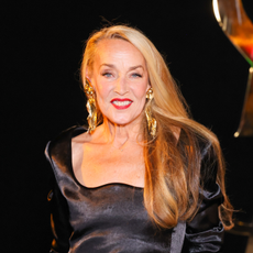 Jerry Hall in black gown at Paris Fashion Week 2026.
