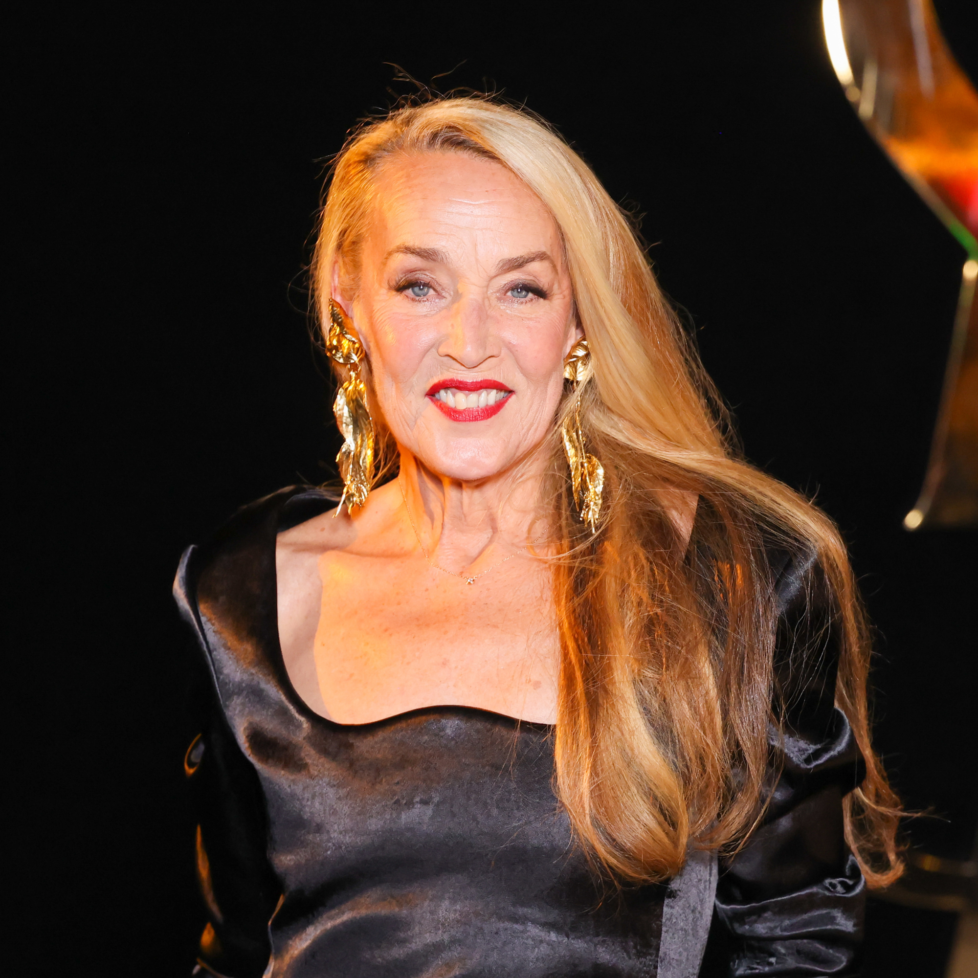 Jerry Hall in black gown at Paris Fashion Week 2026.