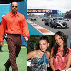 A collage of photos from the 2026 Miami Grand Prix of Lewis Hamilton, Alexandra Leclerc, Hailey Bieber, and Kimi Antonelli.