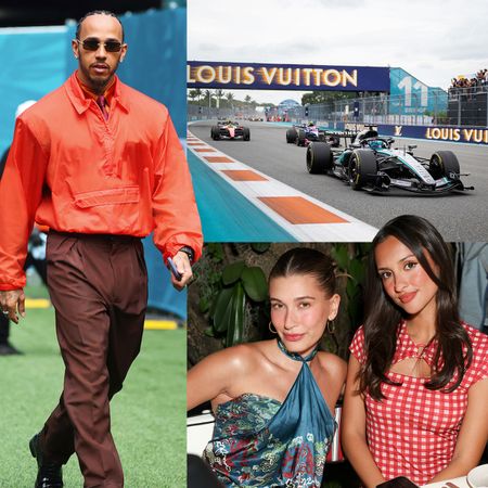 A collage of photos from the 2026 Miami Grand Prix of Lewis Hamilton, Alexandra Leclerc, Hailey Bieber, and Kimi Antonelli.