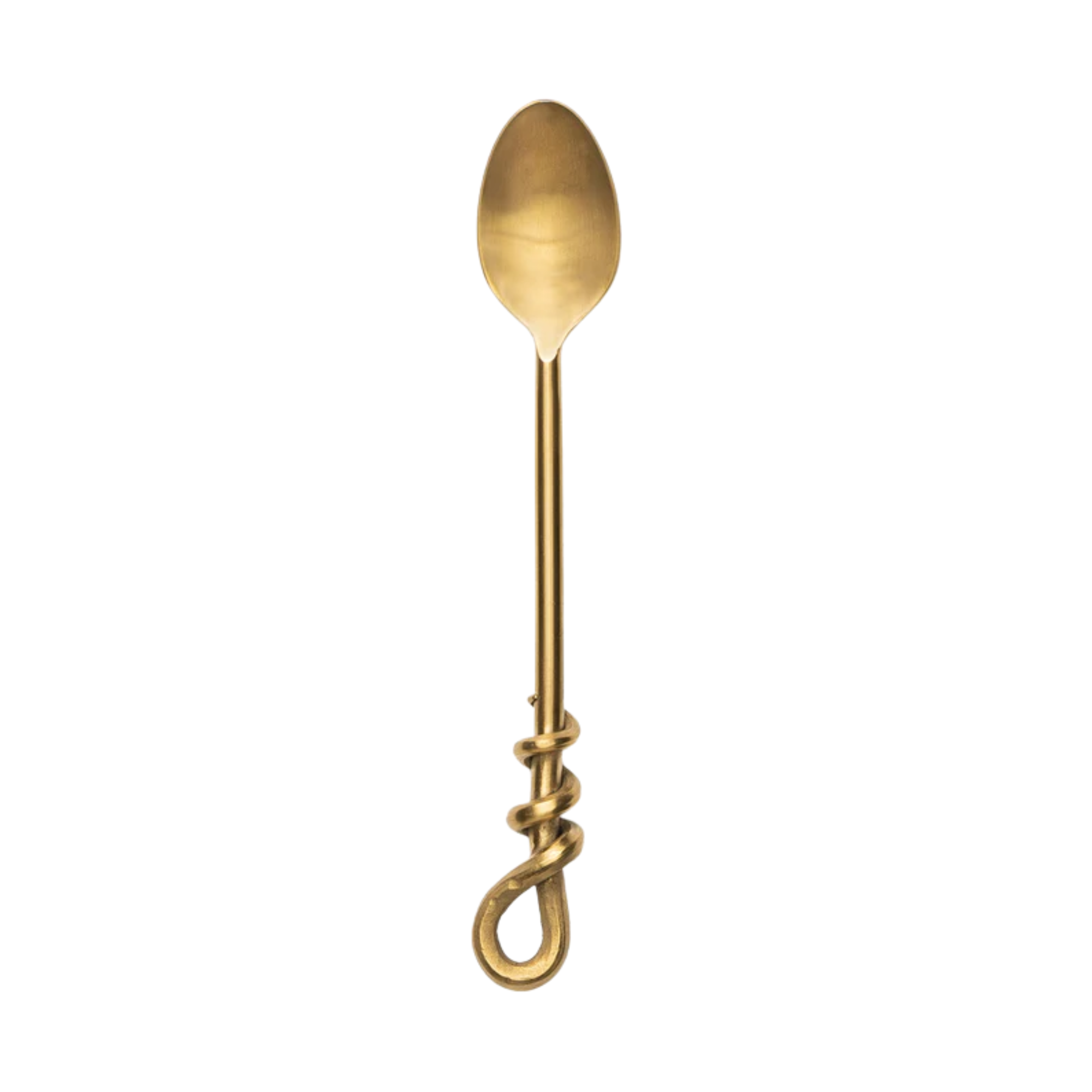 a gold serving spoon with a twisted handle