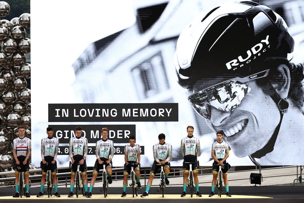 Bahrain Victorious riders pay tribute to their teammate Gino Mäder at the Tour de France 2023 team presentation in Bilbao