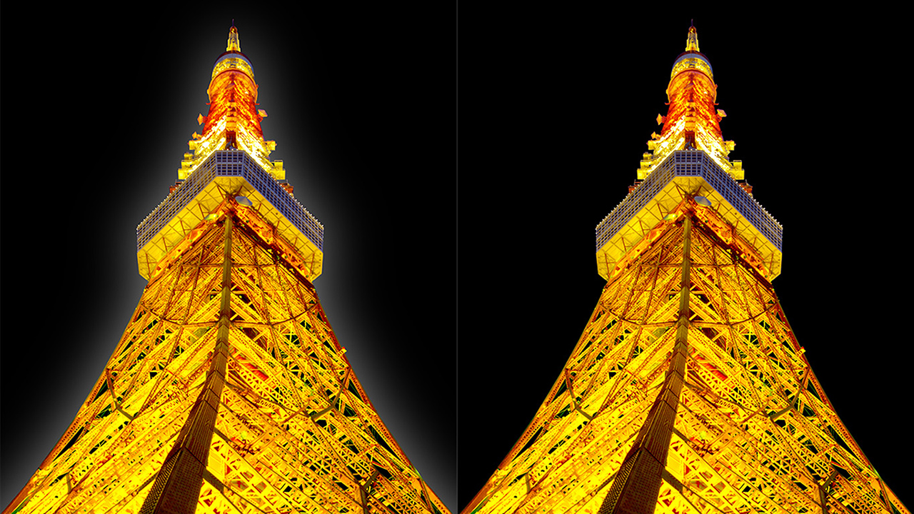 Side-by-side images of Tokyo Tower showcasing how Sony's True RGB (right) eliminates noticeable light blooming.