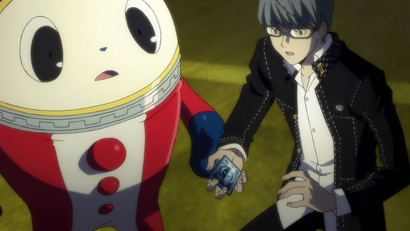 A screenshot from an animated cutscene in Persona 4 Golden, showing Teddie and protagonist Yu Narukami stood looking surprised.