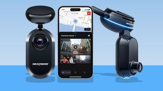 Nextbase iQ Rückfahrkamera, App und 4K auf blauem Hintergrund
