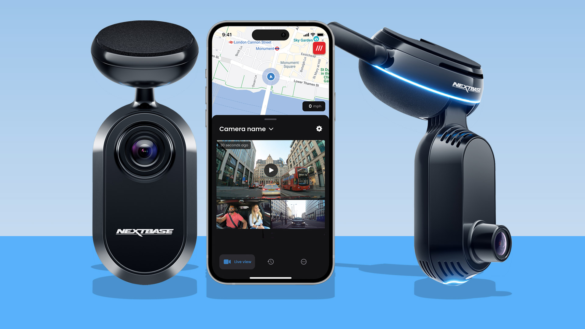 Nextbase iQ rear cam, app and 4K on a blue background