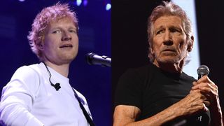 LEFT: Ed Sheeran performs onstage during iHeartRadio z100's Jingle Ball 2025 Presented By Capital One at Madison Square Garden on December 12, 2025 in New York City. RIGHT: LONDON, ENGLAND - JUNE 06: Roger Waters performs on stage at The O2 Arena during the 'This is Not A Drill' tour, on June 06, 2023 in London, England.