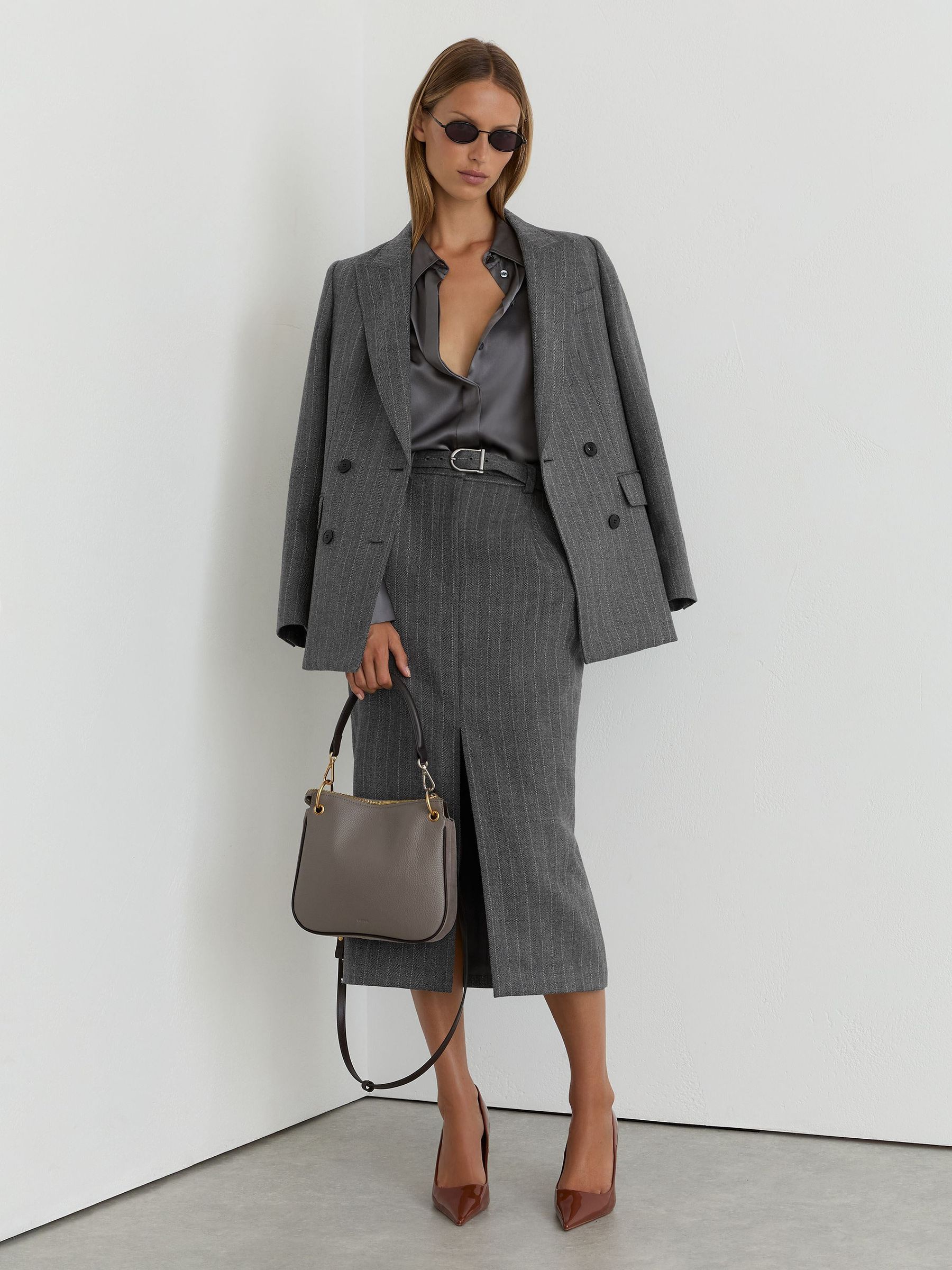 Wool Pinstripe Belted Pencil Skirt in Grey - Size 4