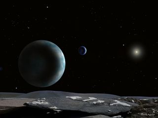 Artist&#039;s impression of Pluto and Charon as seen from one of Pluto&#039;s other moons.