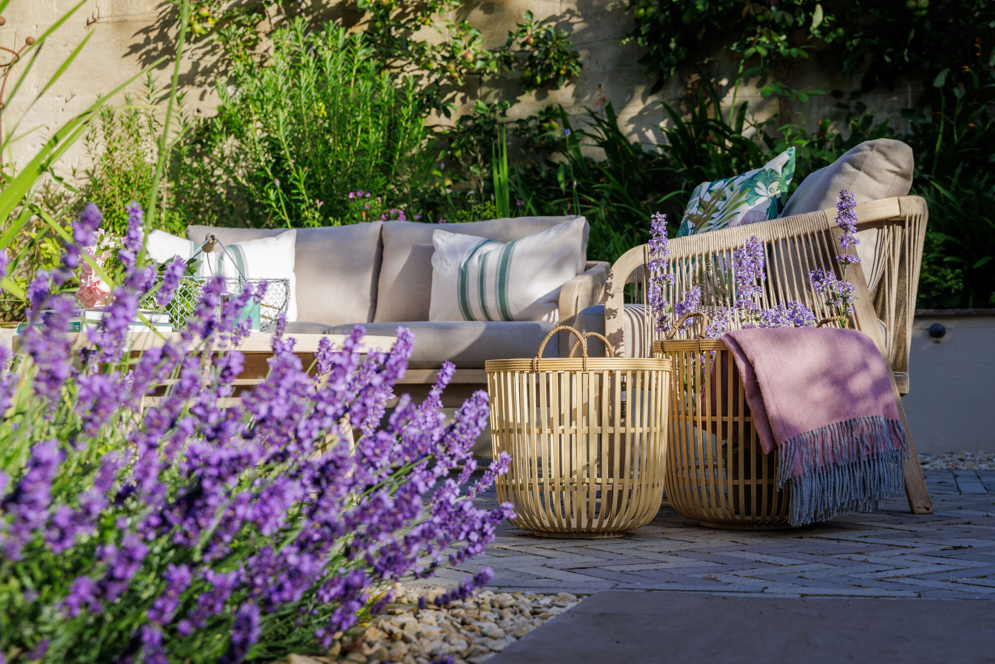 A garden with modern garden furniture and an out of focus lavender plant in the foreground