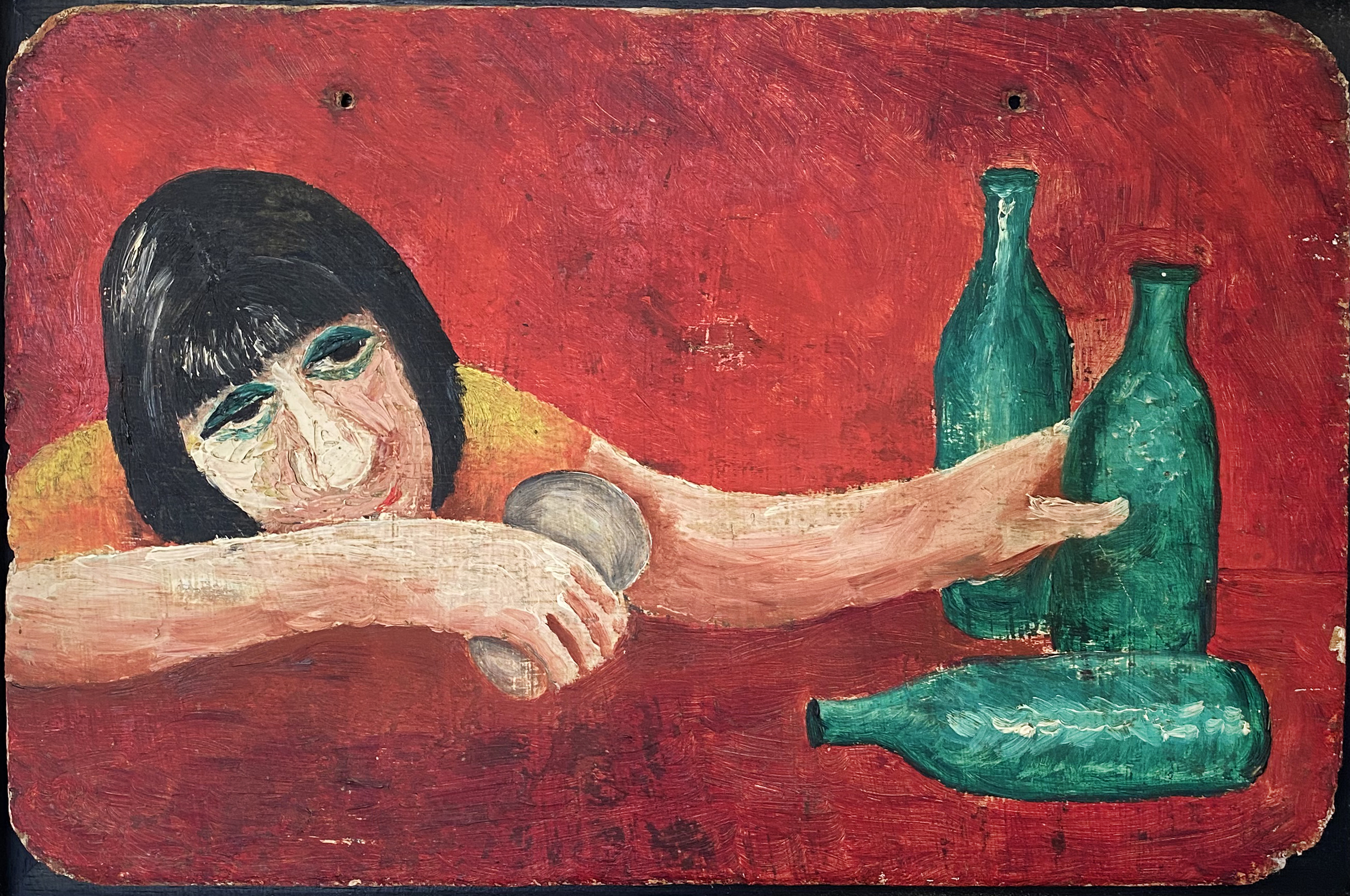 painting by Beryl Cook of woman drunk, with three empty bottles on a red table