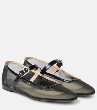 Patent Leather-Trimmed Mesh Flats