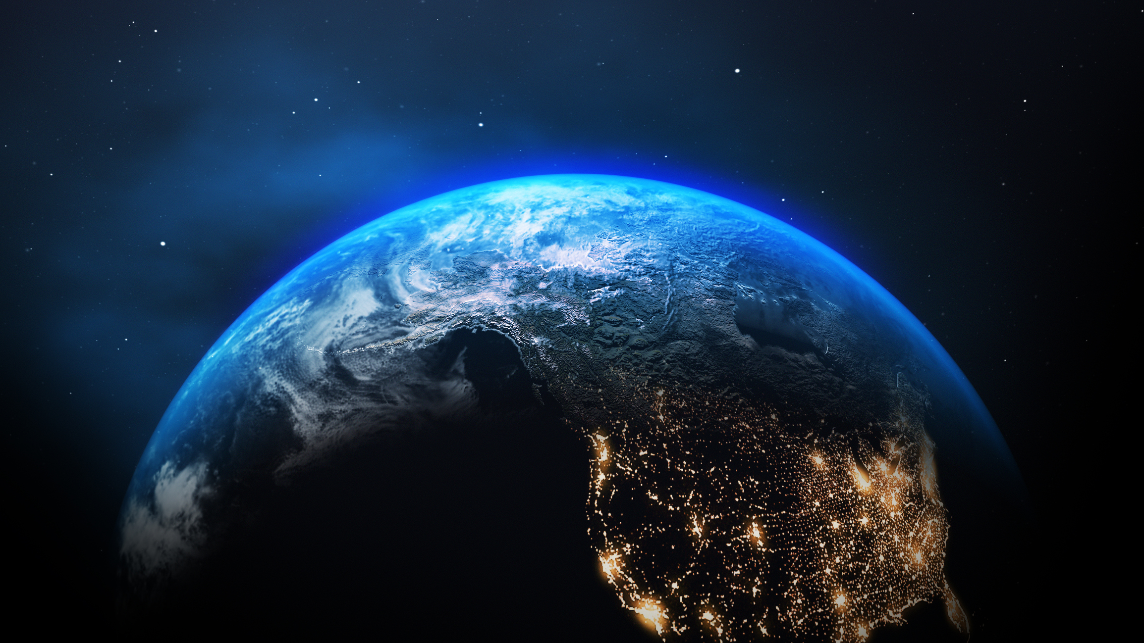 3D Render of Planet Earth with Clouds. Night Side with Cities Lights.