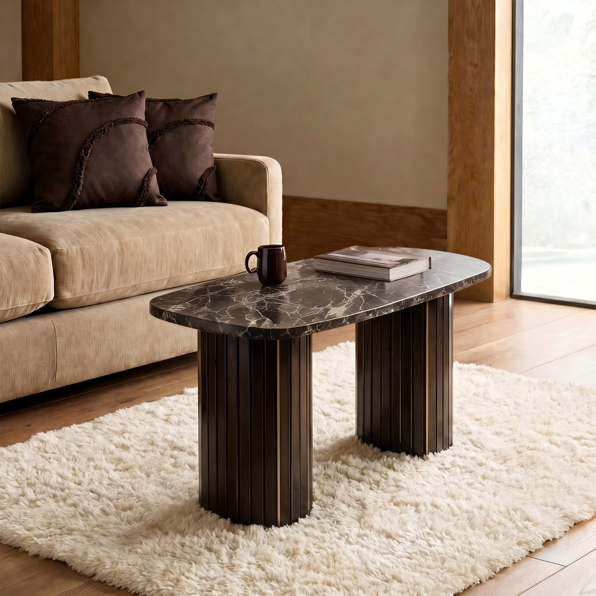 Ohs Madison Marble Effect Ribbed Coffee Table - Dark Brown